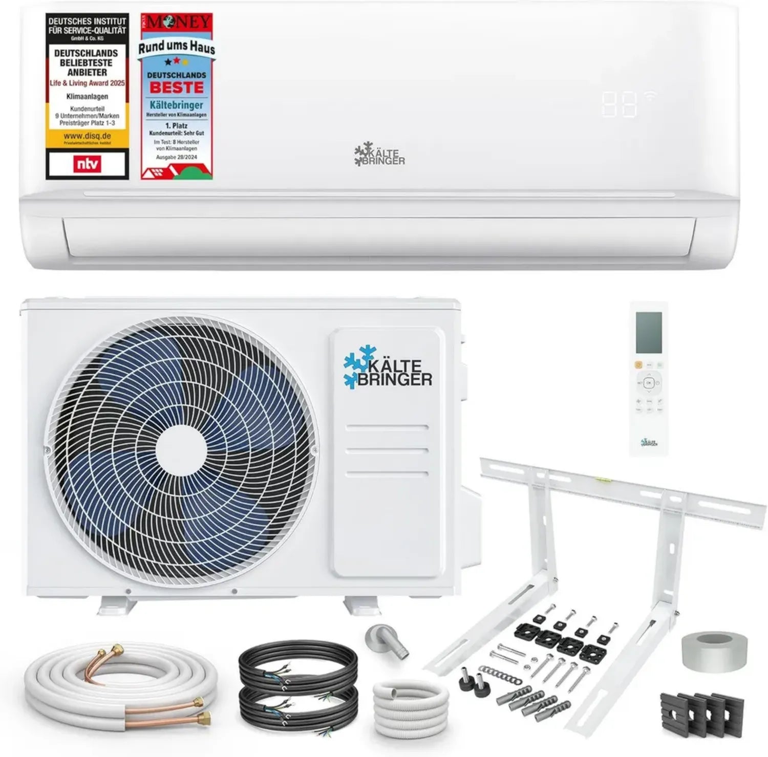 Split-Klimaanlage 9000 BTU mit Heizfunktion, WiFi & App-Steuerung, bis 45qm, leise - mit 5m Kupferleitung, Kältemittel R32, Montagematerial, Wandhalterung