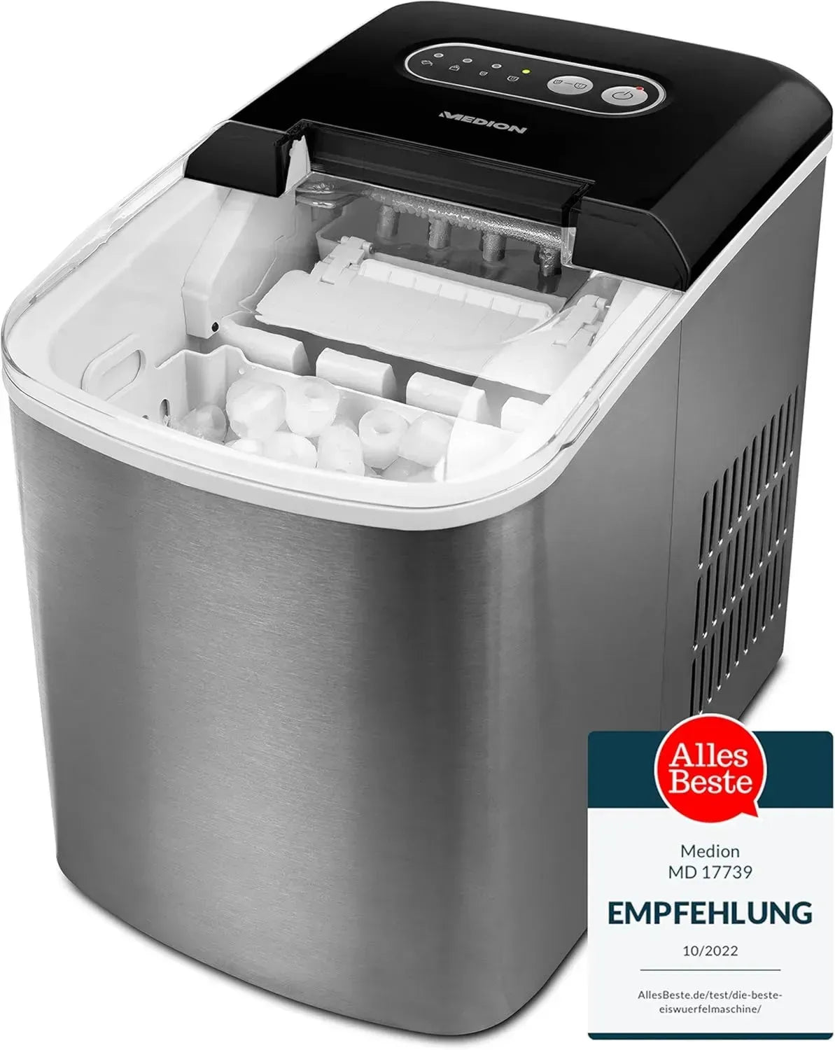 MEDION Eiswürfelmaschine, 2,2L Tank, variabel Eiswürfelgrößen, digitales Display, Edelstahlgehäuse