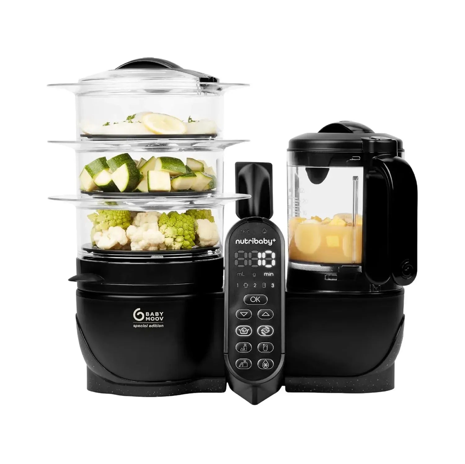 Babymoov Nutribaby Plus XL - Multifunktionaler Babynahrungszubereiter in Schwarz, 2,9l Kapazität, Dampfgaren, Mixen, Sterilisieren, Aufwärmen
