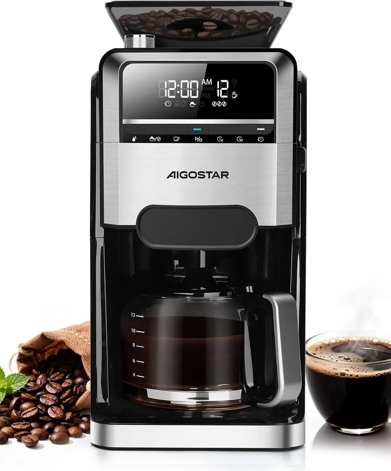 Aigostar Filterkaffeemaschine mit 7 Mahlgraden, 24H Timer und Warmhaltefunktion, 1,5L, Schwarz