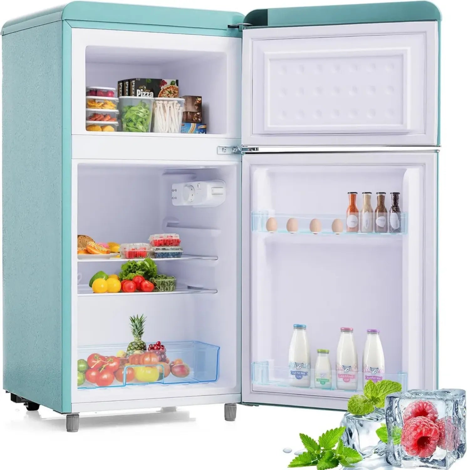 Retro-Kühlschrank mit Gefrierfach, 72L, Energiesparend, LED-Beleuchtung, Cyan