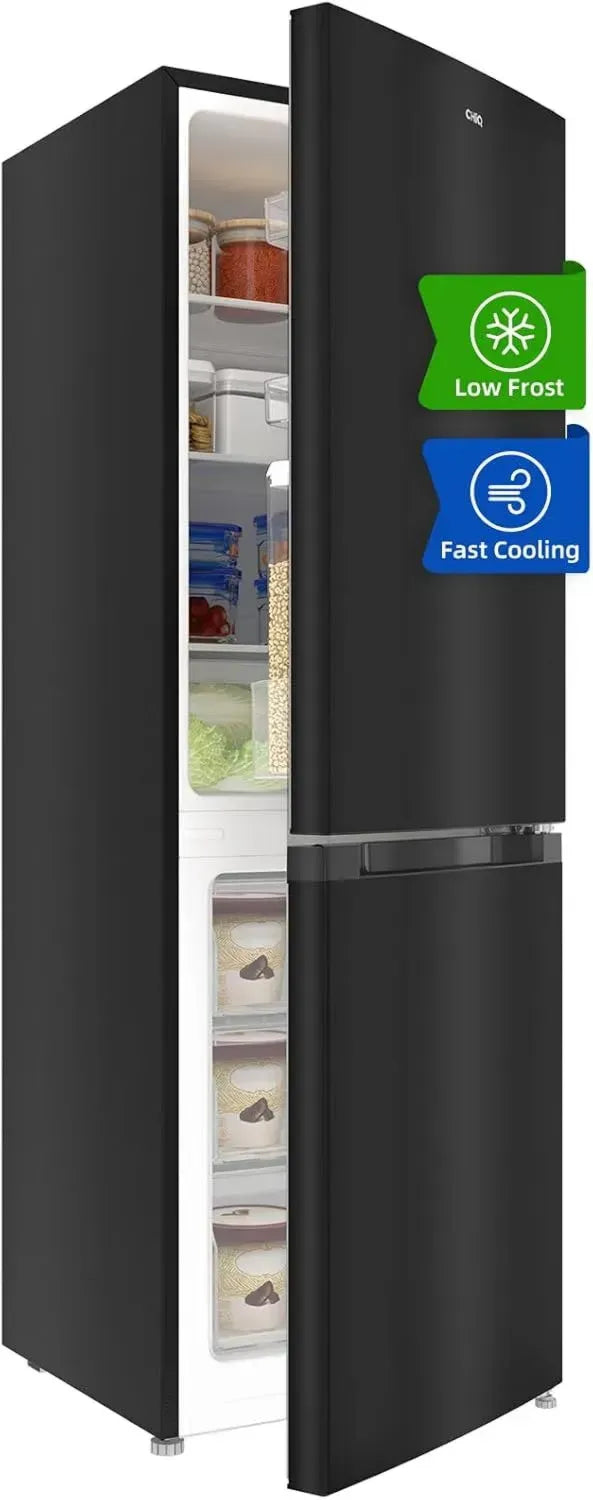 CHIQ CBM159LEBD Kompakter Kühlschrank mit Gefrierfach, 144 cm hoch, 47 cm breit, 157L Kapazität, energiesparend, schwarz Edelstahl