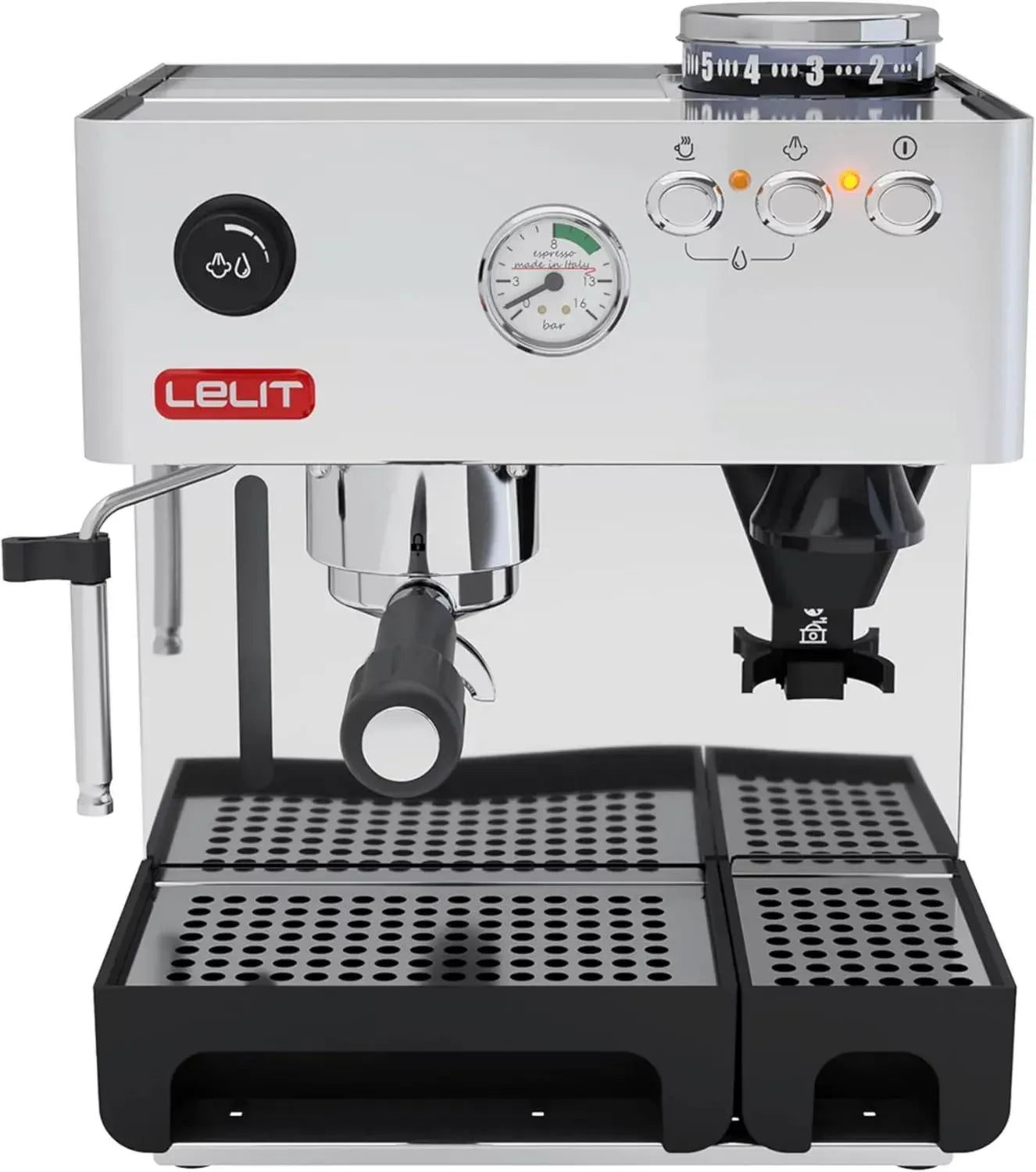 Lelit Anita Espressomaschine mit integriertem Mahlwerk und beweglichem Milchaufschäumer - Silber