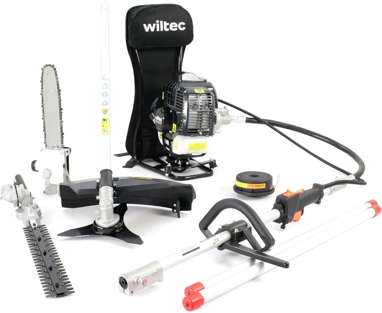 Wiltec Multifunktions-Gartengerät 4-in-1 mit 2-Takt-Motor und Rucksacktragesystem, vielseitiges Gartenwerkzeug inklusive Rasentrimmer