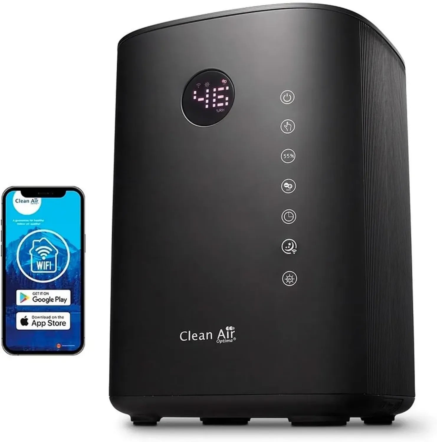 Smart Luftbefeuchter mit UVC, Ionisator und Aroma – 480 ml/h für Räume bis 65m² – Schwarz
