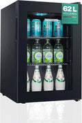 Heinrichs Kompakter Getränkekühlschrank mit Glastür, leise 40dB, LED-Beleuchtung, ideal für Büro, Camping und Garten, 4-18°C, 62L Kapazität