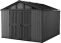 Keter Stronghold Gartenhaus 10x11,5 | Robustes Kunststoffgerätehaus mit Holzdesign, stahlverstärkt, wetterbeständig, abschließbar, Grau 350x305x251 cm