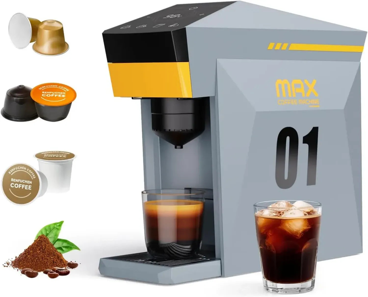 BENFUCHEN All-in-One Kaffeemaschine, 19 Bar, kompatibel mit Kapseln und gemahlenem Kaffee, Wolkengrau