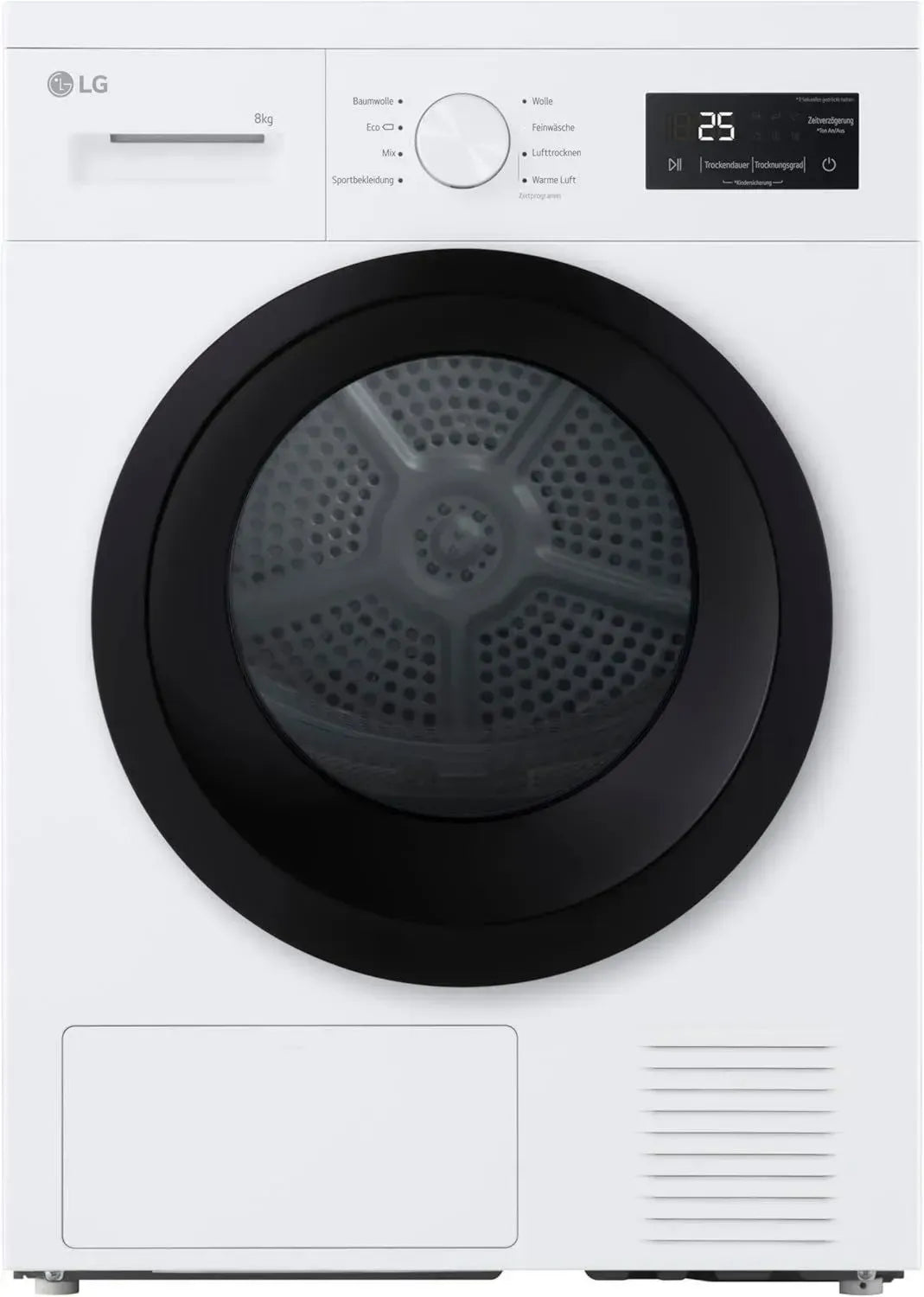 LG 8 kg Wärmepumpentrockner mit Dual Inverter und Sensortrocknung, LED-Display, Programme und Startzeitvorwahl, Edelstahltrommel, Weiß