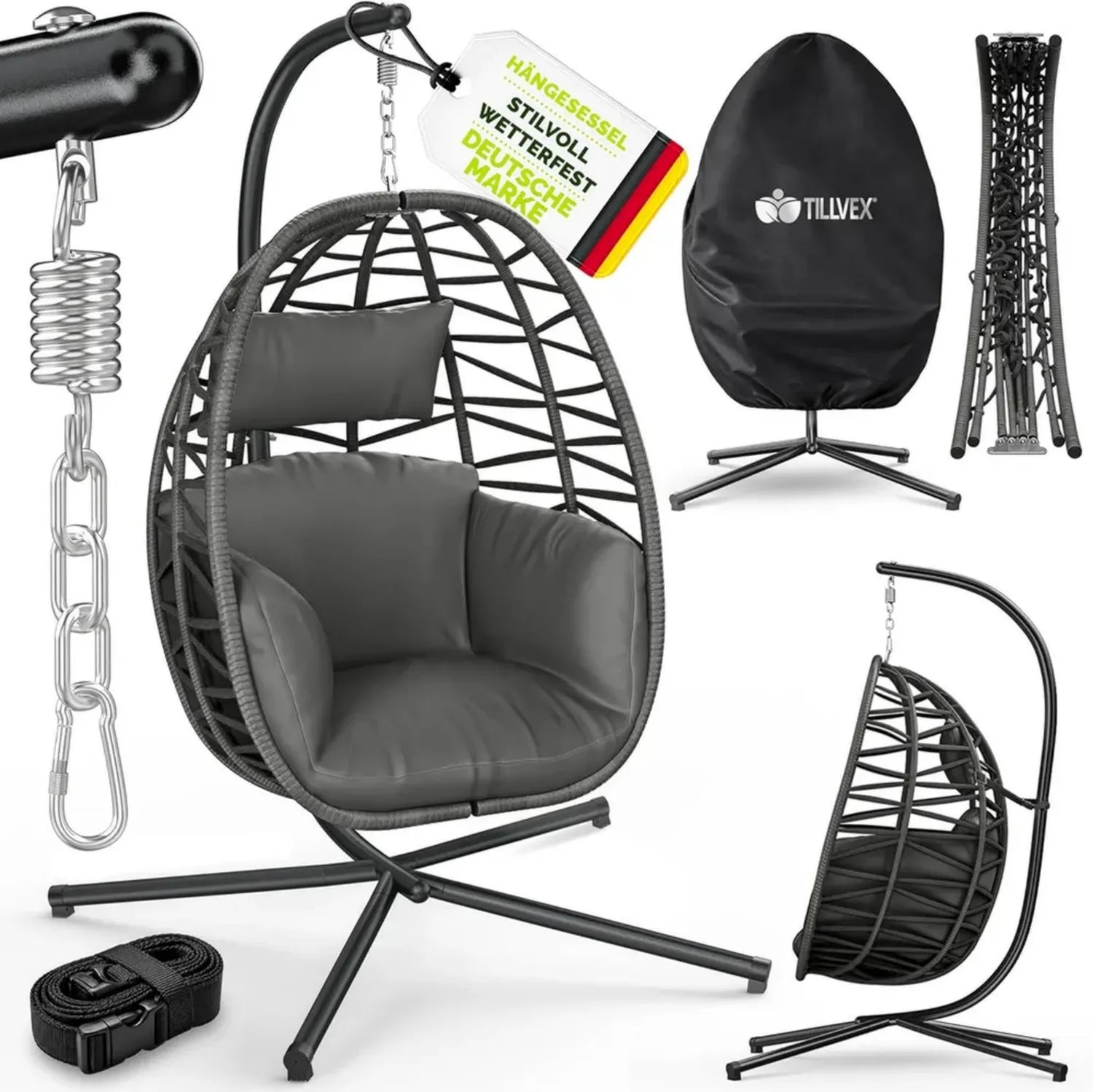 tillvex® Klappbarer Rattan-Hängesessel mit Gestell, wetterfest, für Indoor und Outdoor bis 150 kg, inkl. Schutzhülle und Befestigung (Anthrazit)