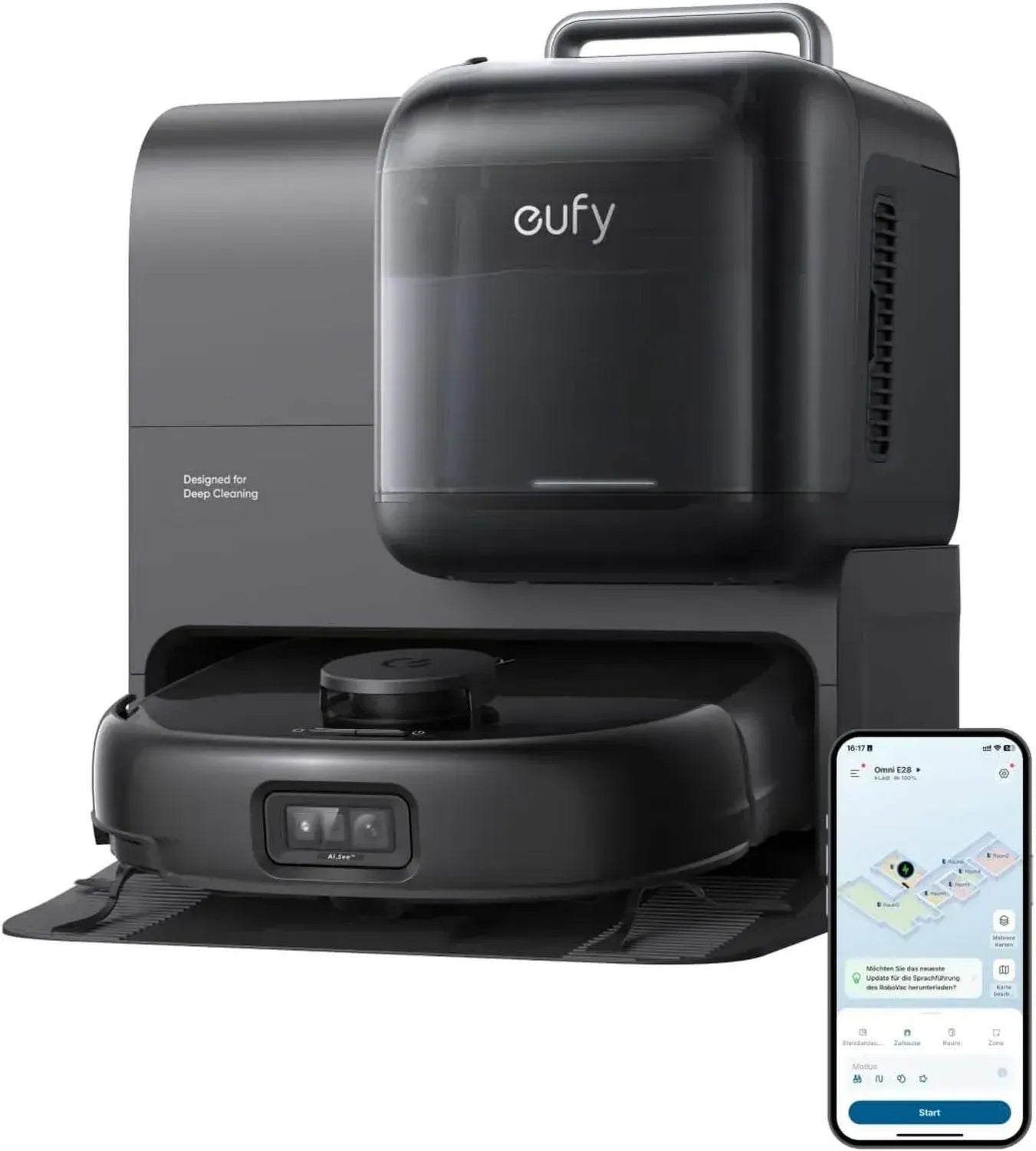 Eufy Omni E28 Saugroboter mit HydroJet Wischfunktion, Hochleistungs-Tiefenreiniger, 20.000Pa Turbo-Saugkraft, All-in-One-Station, ideal für Haustiere und Kinder. (Generalüberholt)