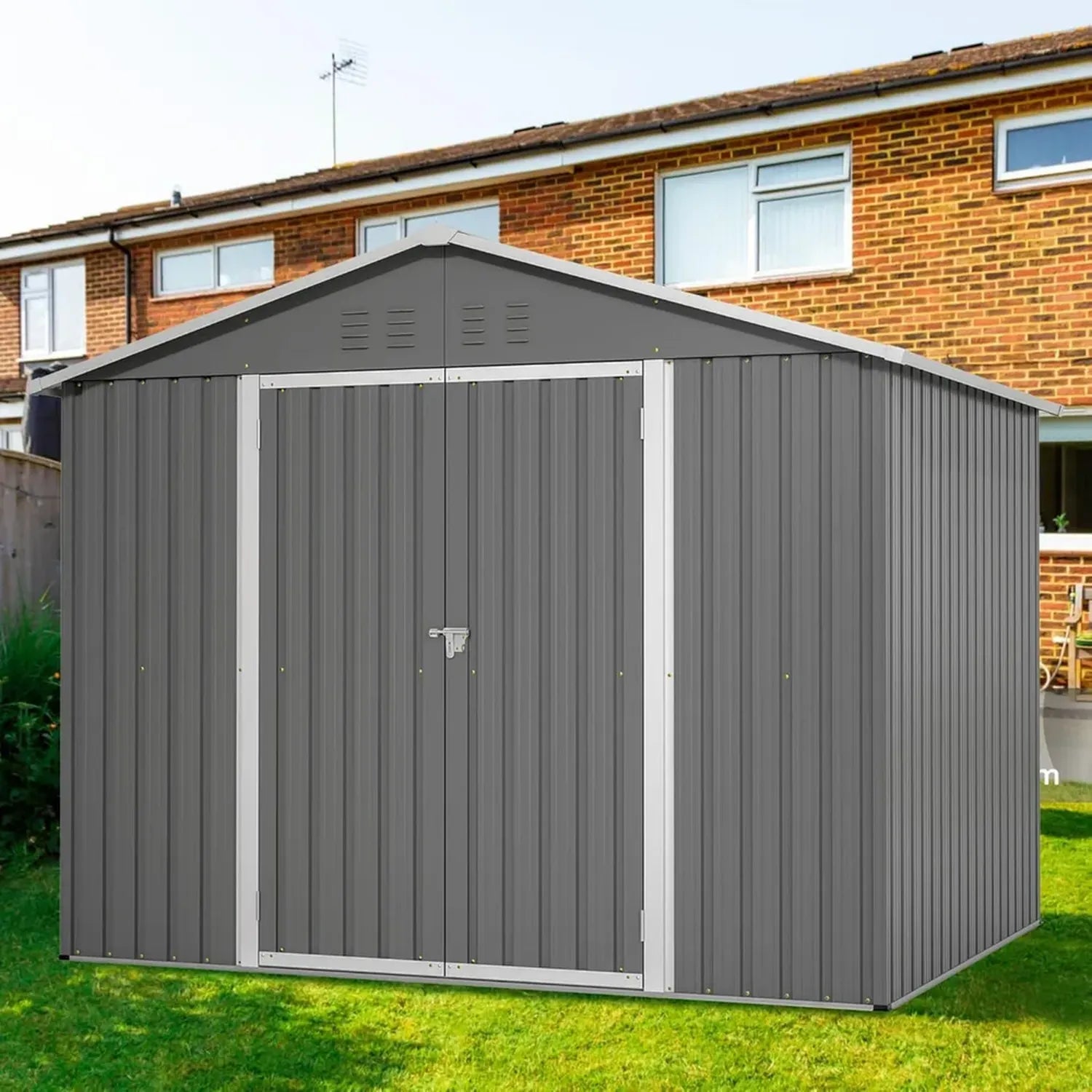 Geräteschuppen aus Metall mit Satteldach, wetterfest, 229x192x180 cm, anthrazit, 2 Türen, ideal für Garten und Terrasse