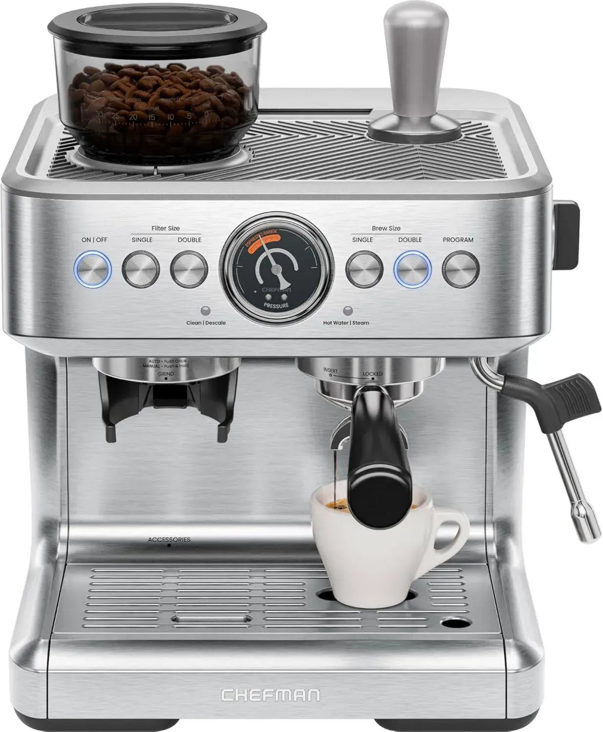 Chefman Espressomaschine 15 Bar mit Milchaufschäumer und Kaffeemühle, 30 Mahlgradeinstellungen, großer 3L Wassertank - Edelstahl