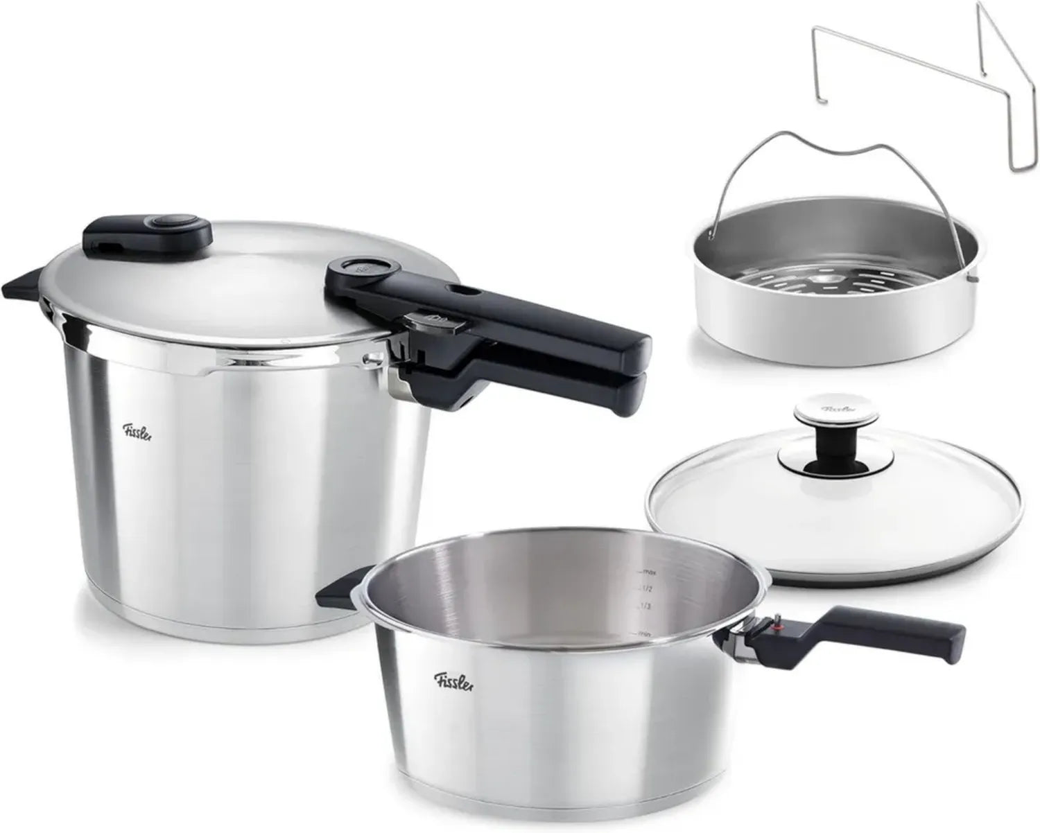 Fissler Vitaquick Duo Schnellkochtopf-Set, 6L + 3,5L, inklusive Einsatz und Glasdeckel, 2 Garstufen, Induktionsgeeignet, Hergestellt in Deutschland