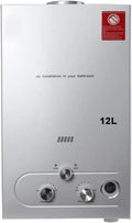 12L LPG Durchlauferhitzer, 24kW Sofort-Heißwasser, Flüssiggas Wasserboiler mit Duschkopf-Set, Silber