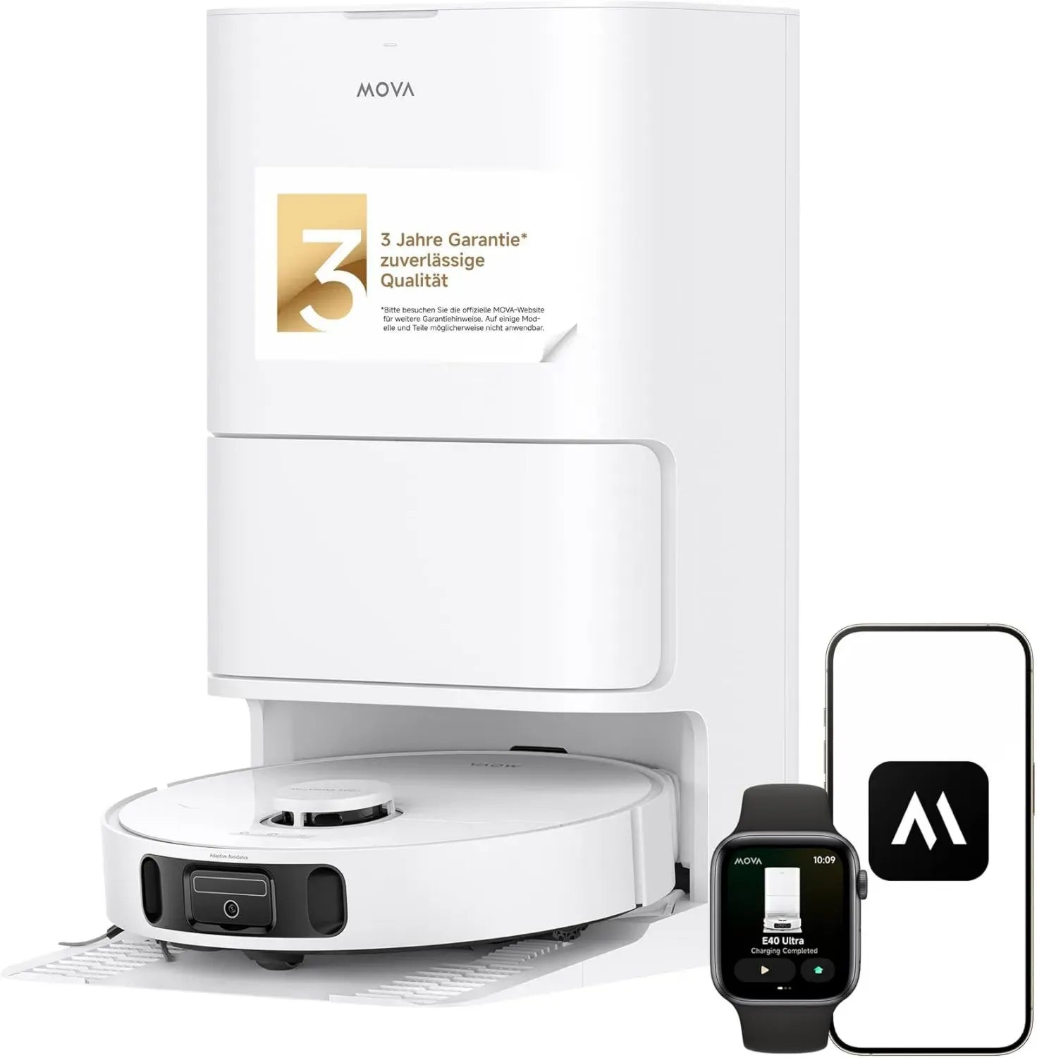 Mova E40 Staubsaugerroboter mit Wischfunktion, automatischer Entleerung und 19.000 Pa Saugkraft, MaxiReach-Wischmopp, Anti-Verhedderungs-Seitenbürste, integrierter 80-ml-Wassertank, All-in-One-Station für 75 Tage Reinigung