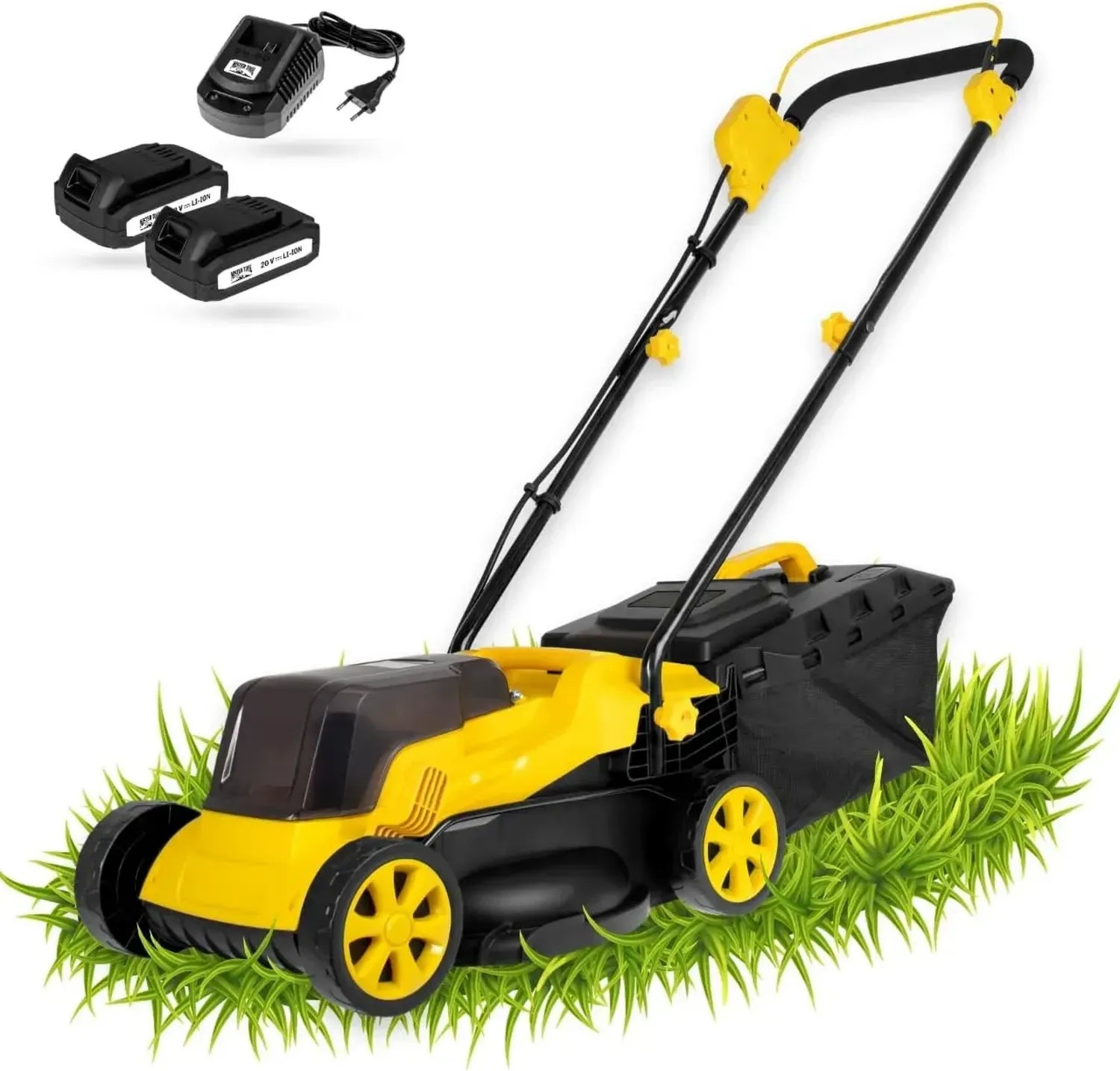 Kompakter 20V Akku-Rasenmäher mit doppelten Akkus & Schnellladegerät, 320mm Schnittbreite, höhenverstellbar 25-65mm, 30L Grasfangkorb, ergonomischer Griff