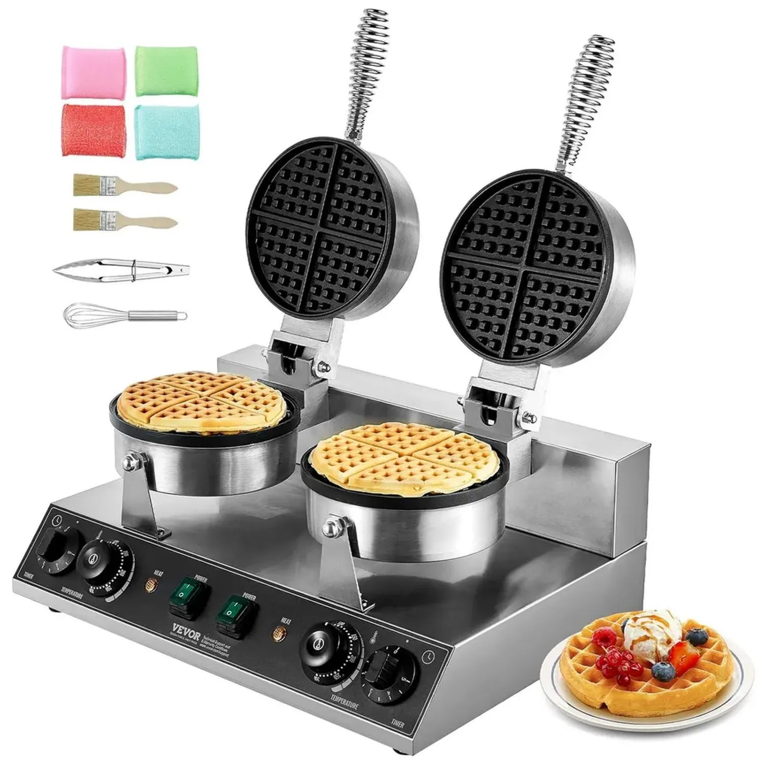 VEVOR Doppelt Waffeleisen 2460W, Antihaft Belgische Waffeln, Temperatur- & Zeitkontrolle, Ideal für Gastronomie