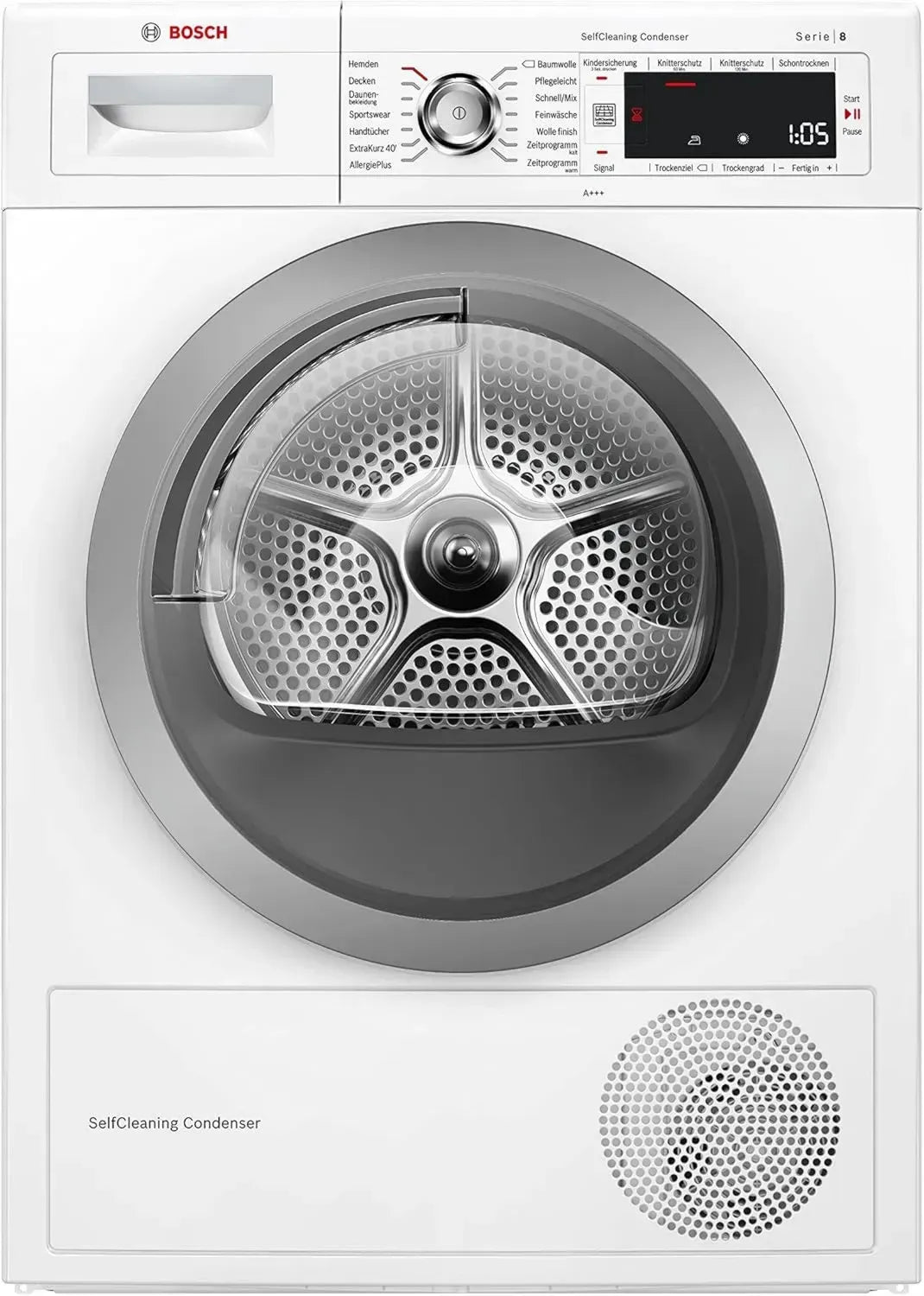Bosch 8 kg Wärmepumpentrockner, Serie 8, Energieeffizienzklasse A+++, AutoDry, AntiVibration, ComfortControl, AllergiePlus, Weiß