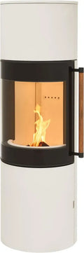 Moderner Kaminofen Cremeweiß aus Stahl mit 160° Sichtscheibe und Holzfach, 7 kW
