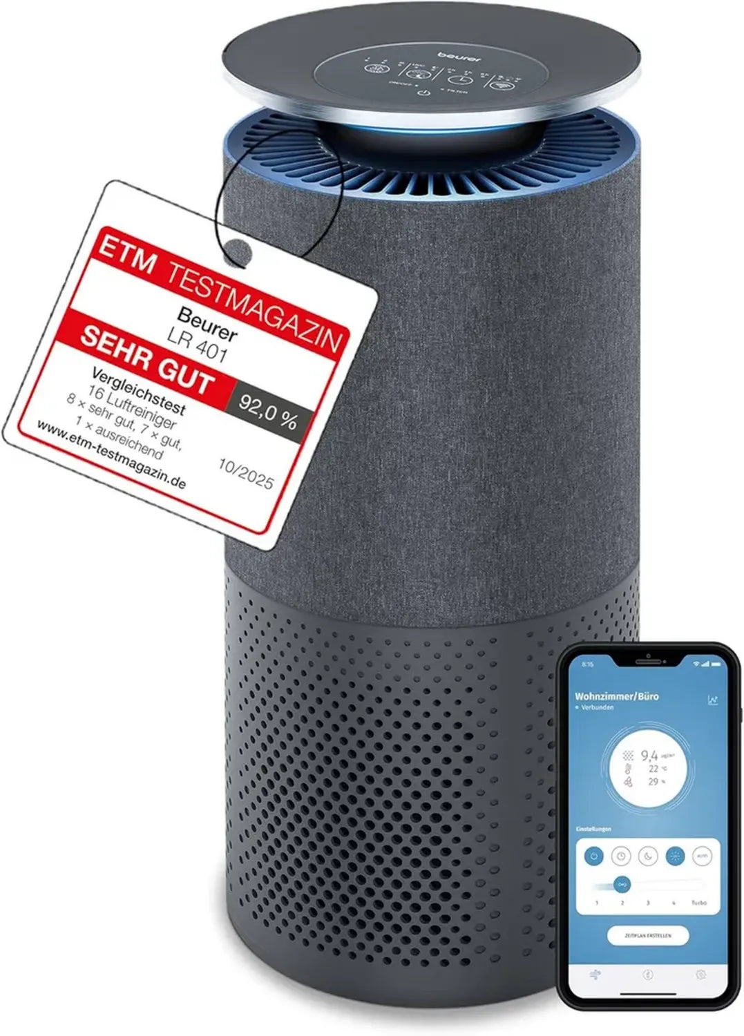 Beurer LR 401 Smart Luftreiniger mit App-Steuerung, UV-Licht und 3-fach Filtersystem für Räume bis 69m²
