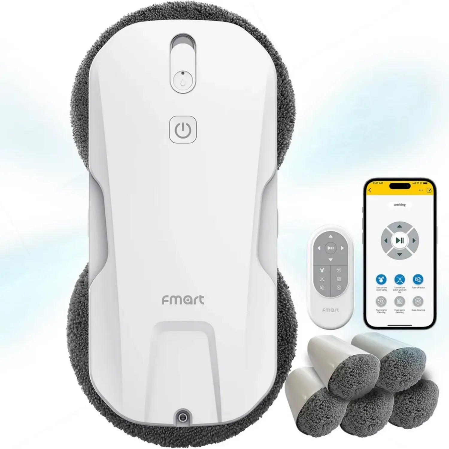 Fmart T11 Intelligenter Fensterreiniger mit Vier-Wege-Spray und Sicherheitssystem, inkl. 10 Reinigungstüchern für glatte Oberflächen