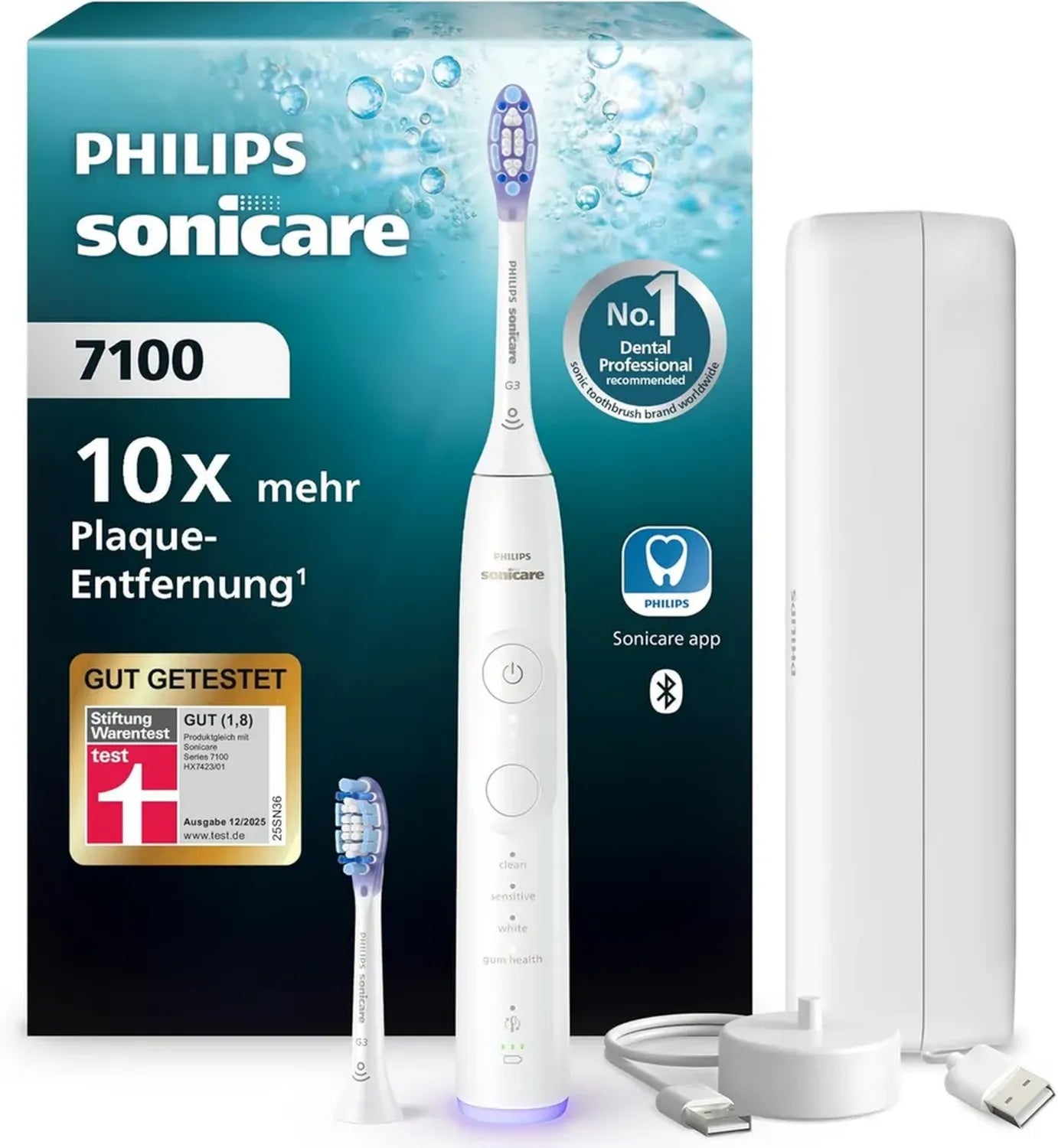 Philips Sonicare 7100 Schallzahnbürste mit App, 4 Modi, 3 Intensitäten, Drucksensor, EasyStart, SmarTimer, Weiß, Modell HX7420/02
