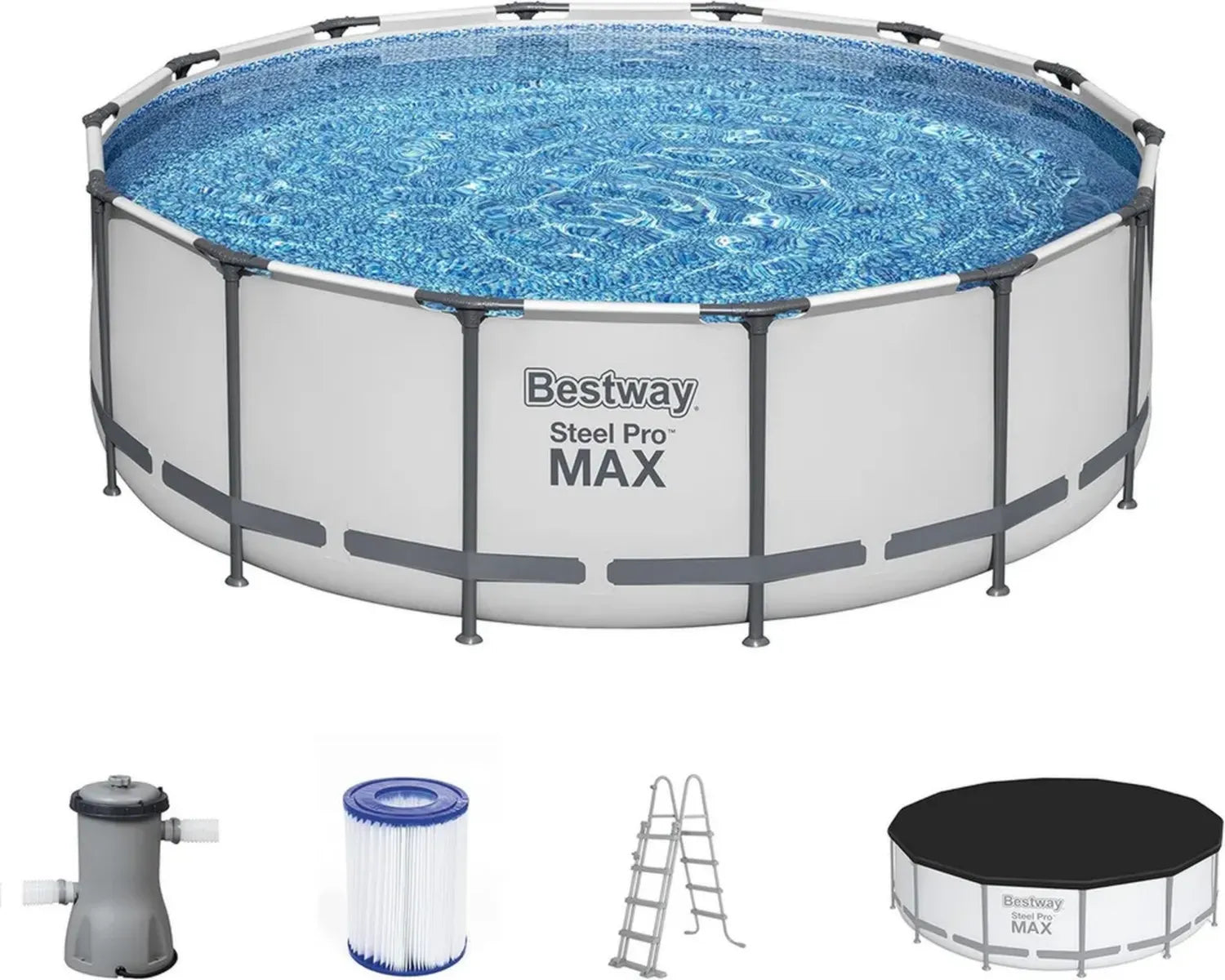 Bestway Stahlrahmenpool Set mit Filterpumpe, Ø 427 x 122 cm, Rund, Grau