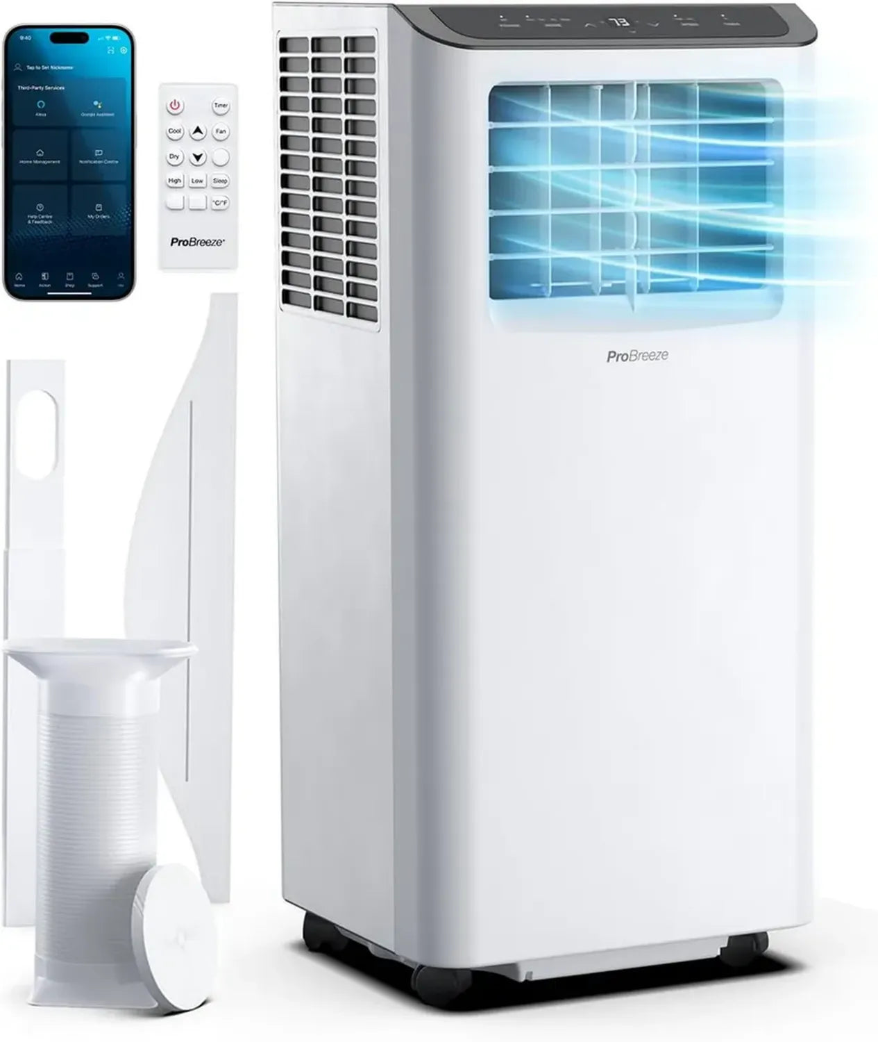 Pro Breeze 4-in-1 Klimaanlage 9000 BTU - Kühlgerät, Ventilator, Entfeuchter, Nachtmodus - Effizienzklasse A, inkl. Fensterabdichtung, Fernbedienung, 24h Timer