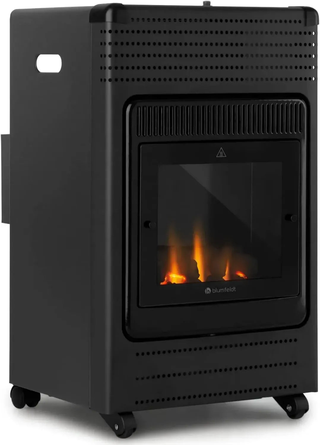 Blumfeldt Andora Flame Gasheizofen - Effiziente Heizung mit 3,4 kW, passend für 11 kg Gasflaschen, Heizbereich bis 68 m², inkl. Schlauch und Druckminderer, realistischer Feuerschein, elektrische Zündung, schwarz