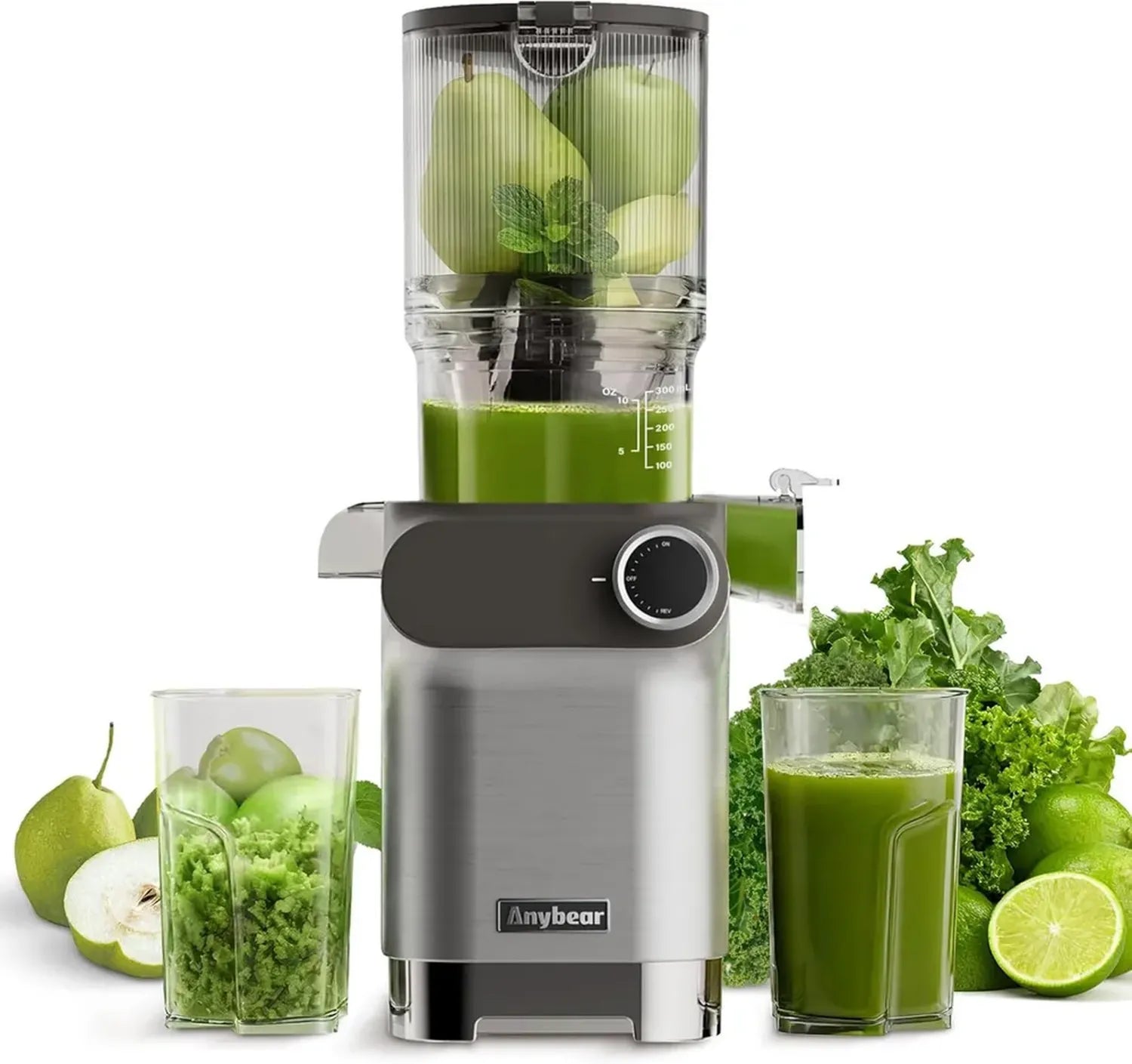 Anybear Slow Juicer 200W mit großem 110 mm Einfüllschacht, BPA-freiem Tritan, verbesserter Schnecke und Saftrezepte, silbergrau