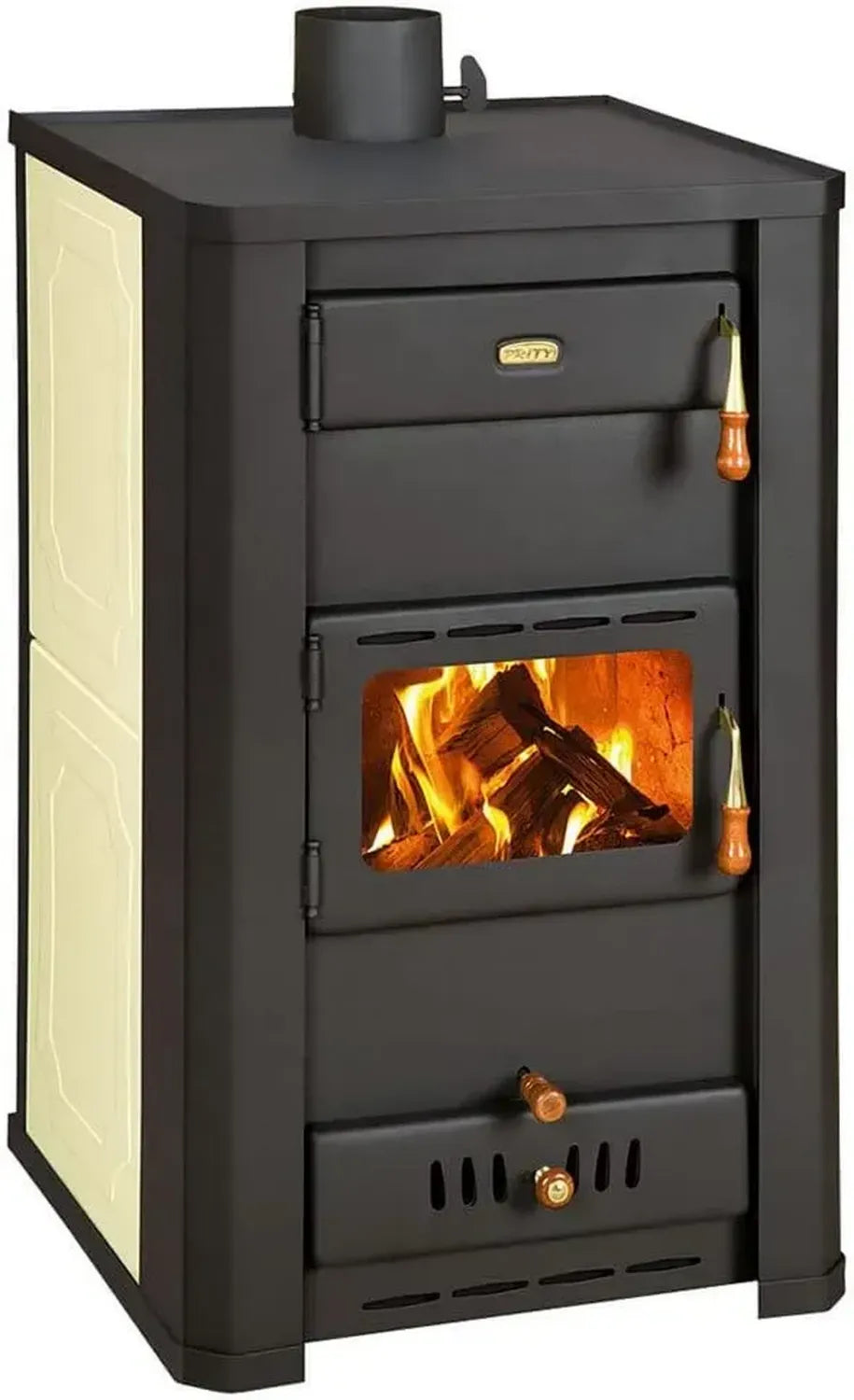 Prity S3 W21 Zentralheizungs-Holzofen, Kaminofen für Festbrennstoffe, Beige/Schwarz