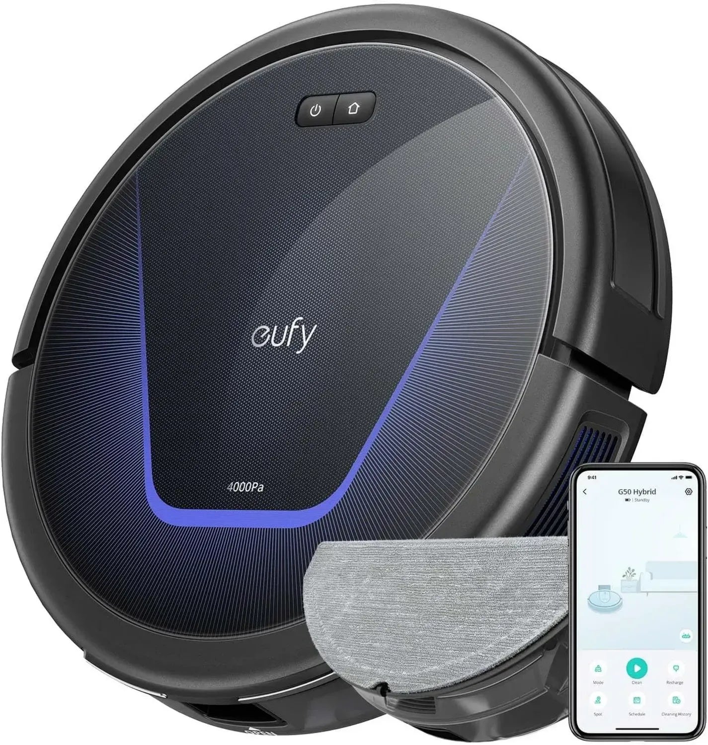 Eufy G50 Hybrid Staubsaugerroboter mit Wischfunktion, 4000Pa Saugleistung, Intelligente Navigation, Anti-Verwickelungskamm, Perfekt für Tierhaare und Hartböden