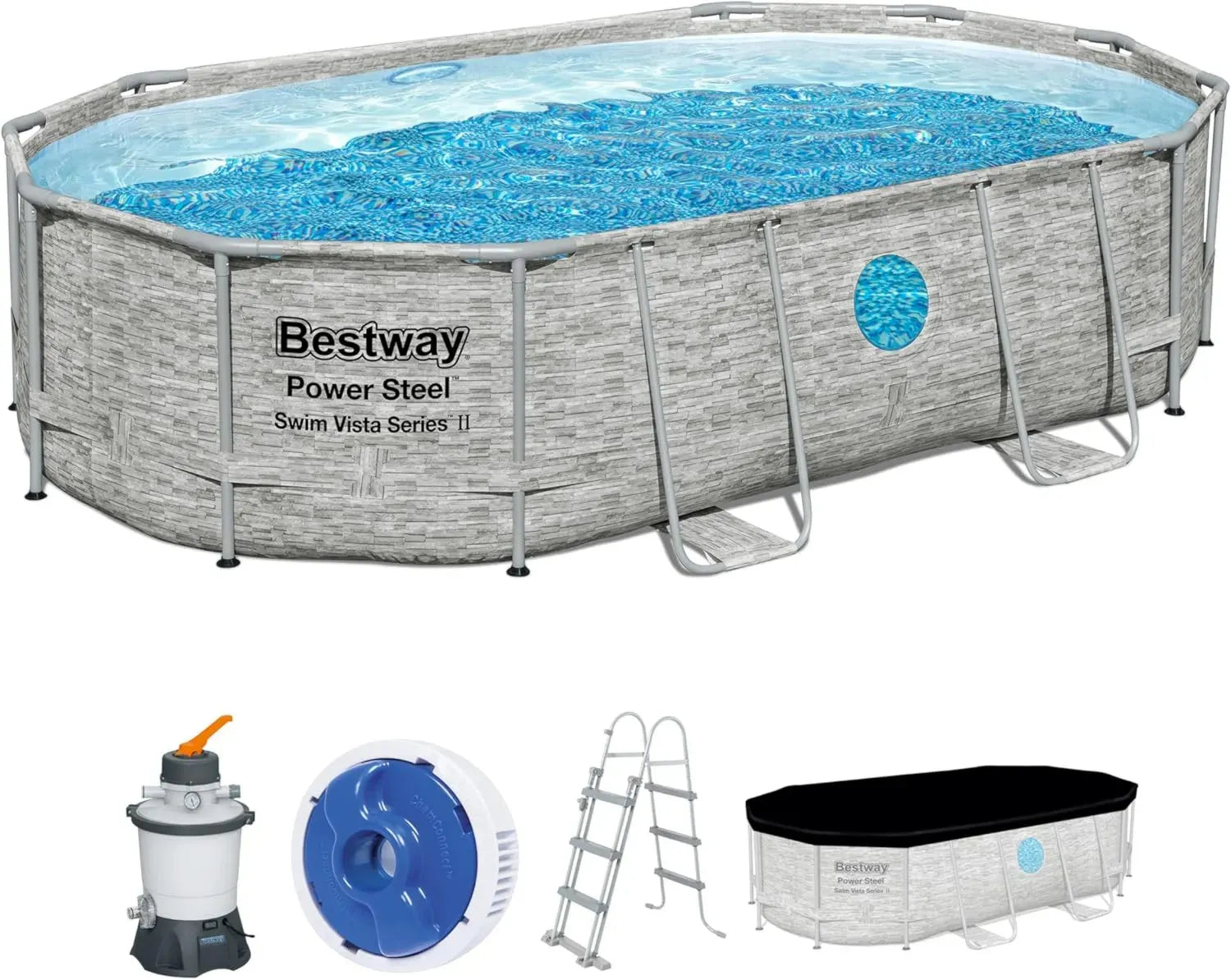 Bestway Power Steel Pool Set mit Sandfilter, 488 x 305 x 107 cm, Steinoptik, oval