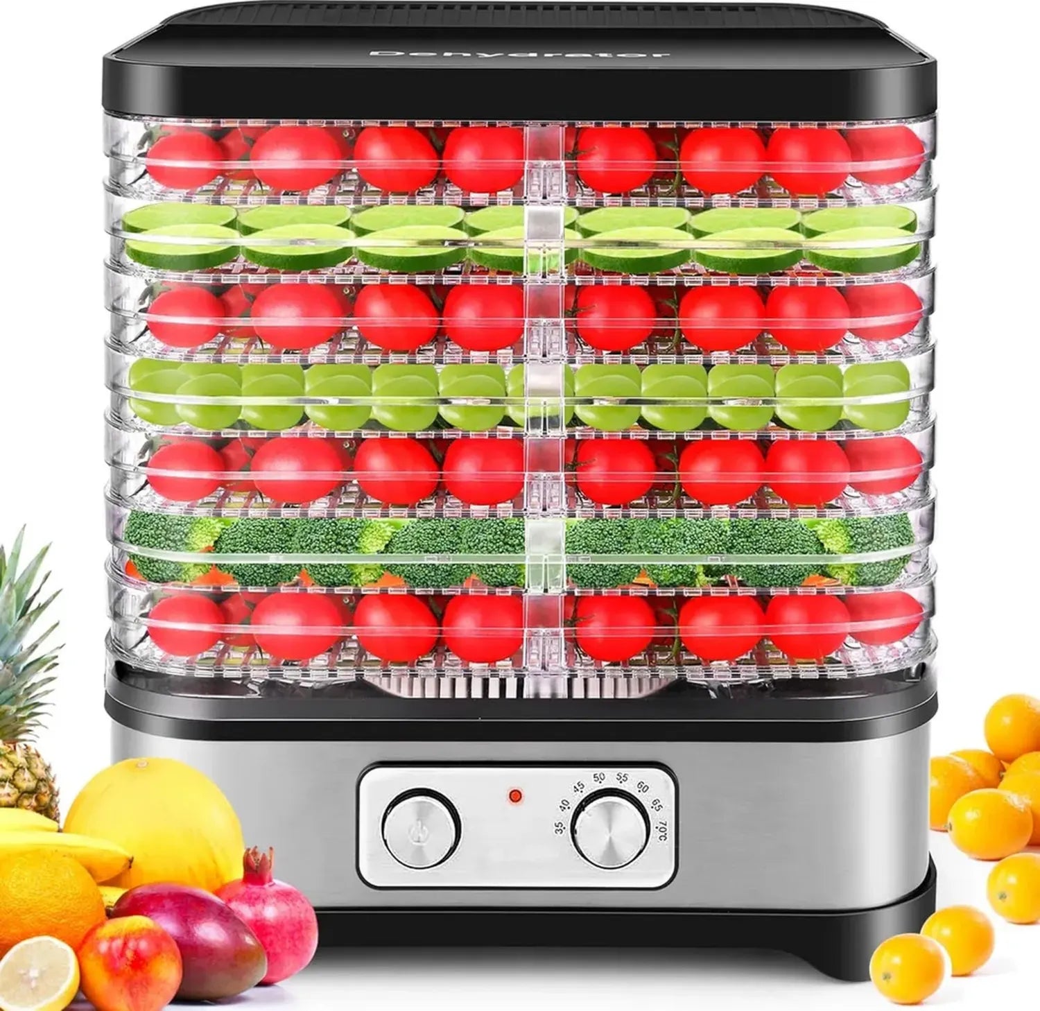 Edelstahl Dörrautomat mit 8 Einschüben, Temperaturregelung 35-70°C, 400W, ideal für Fleisch, Obst, Gemüse und Nüsse