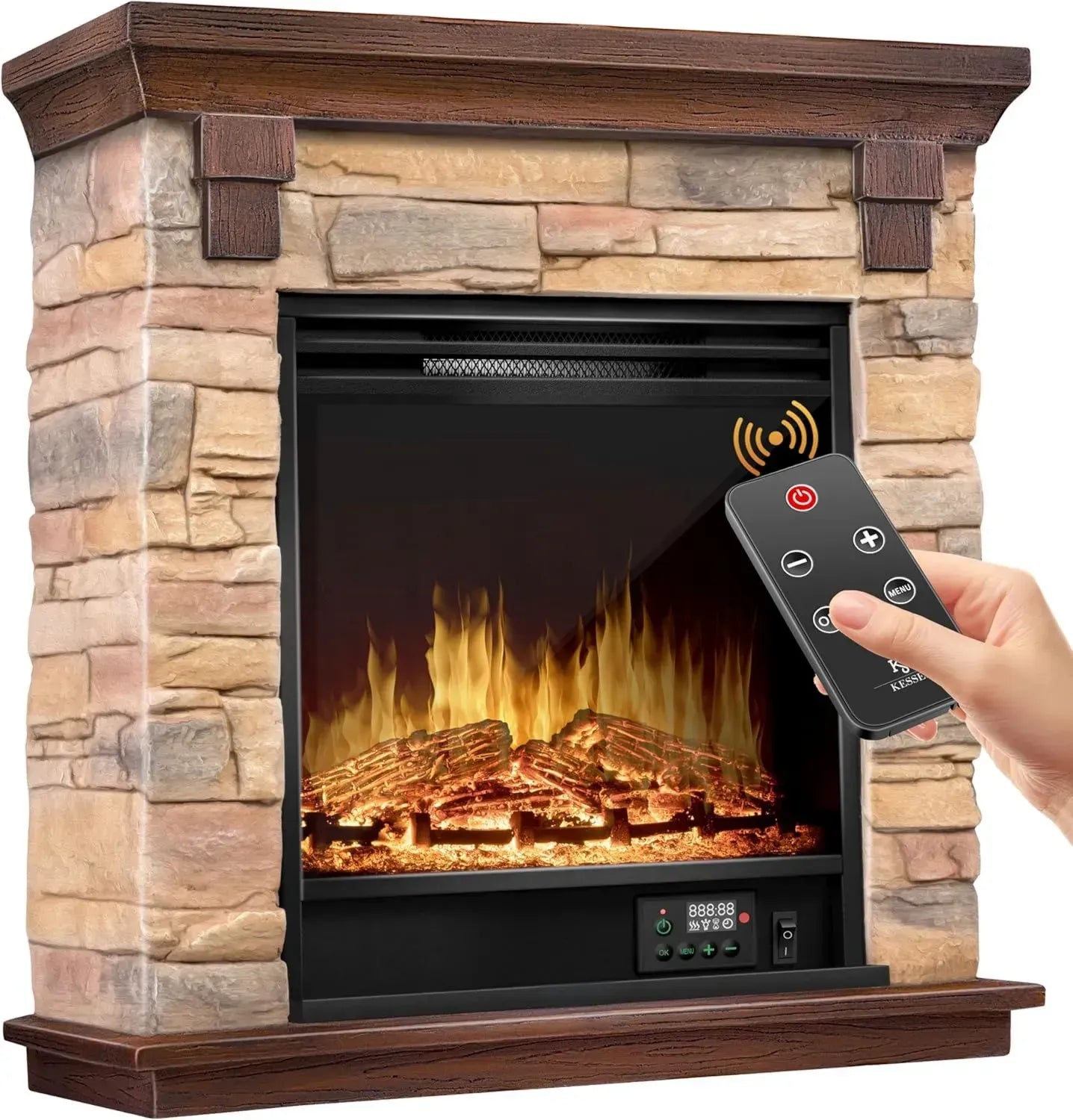 Elektrischer Standkamin mit 3D-Flammeneffekt und Fernbedienung - 1800W, Timer, Thermostat, Dimmbar, Natur/Braun