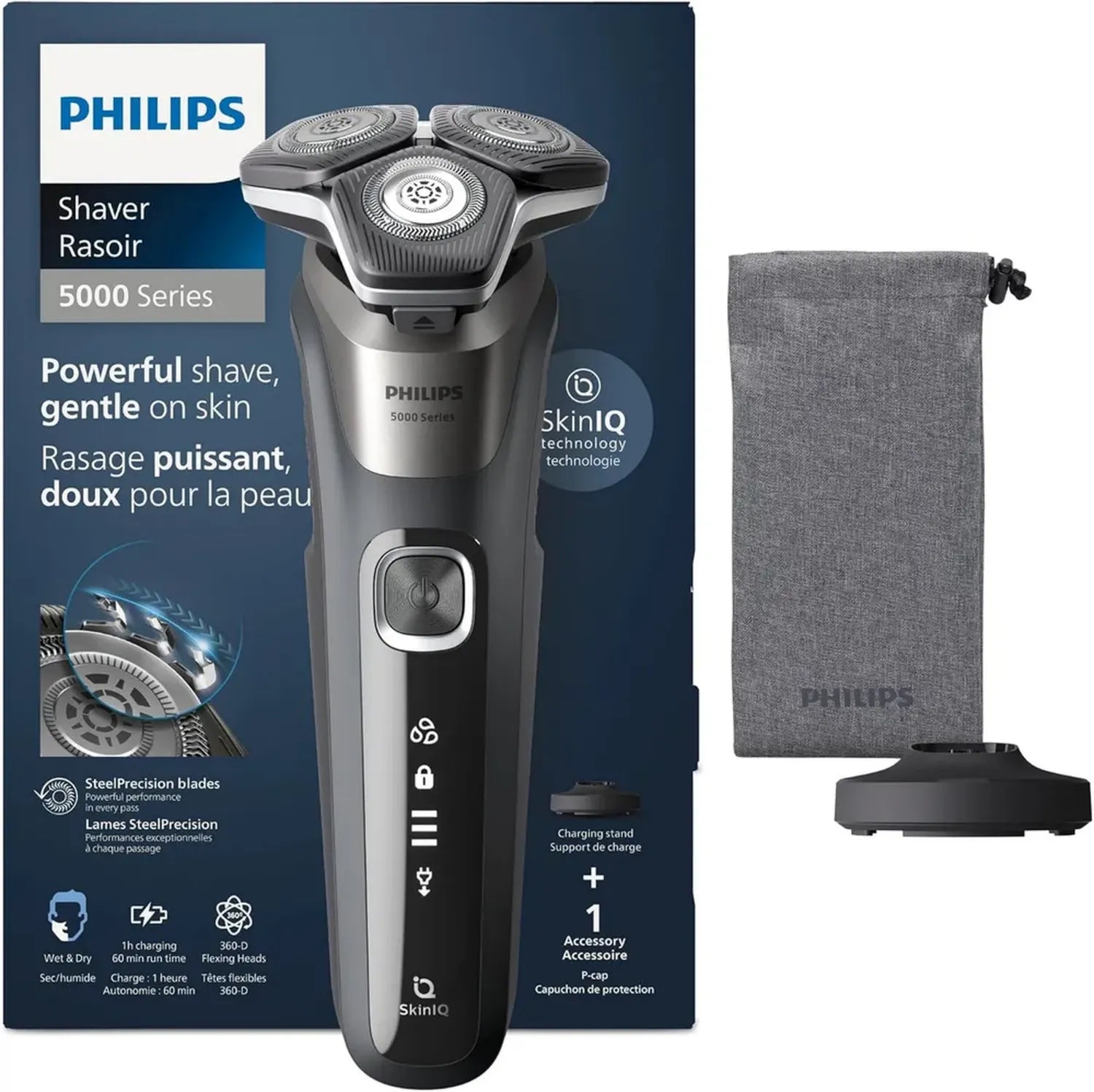 PHILIPS Rasierer Series 5000 – Elektrischer Nass- und Trockenrasierer mit Trimmer, Tasche und Ladestation