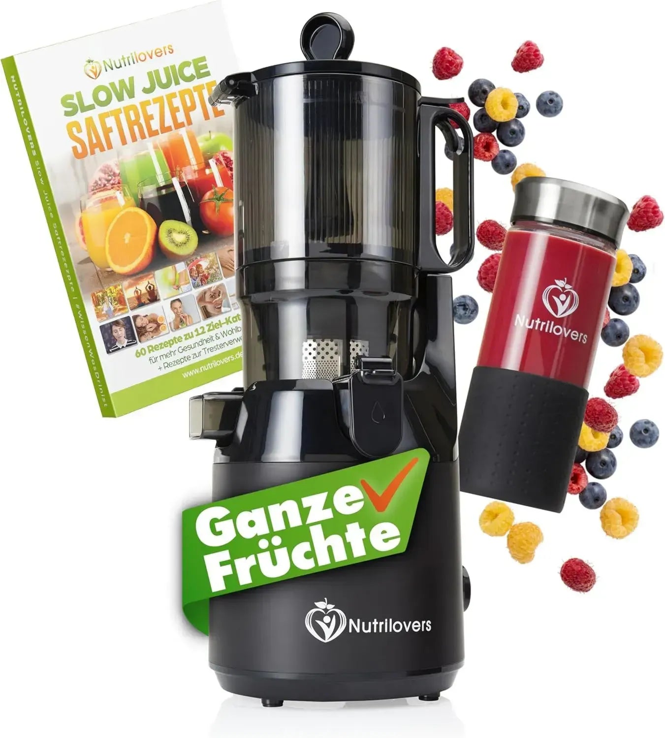Nutrilovers Slow Juicer mit XXL Einfüllöffnung, BPA-frei, inkl. Saftflasche und Rezeptbuch