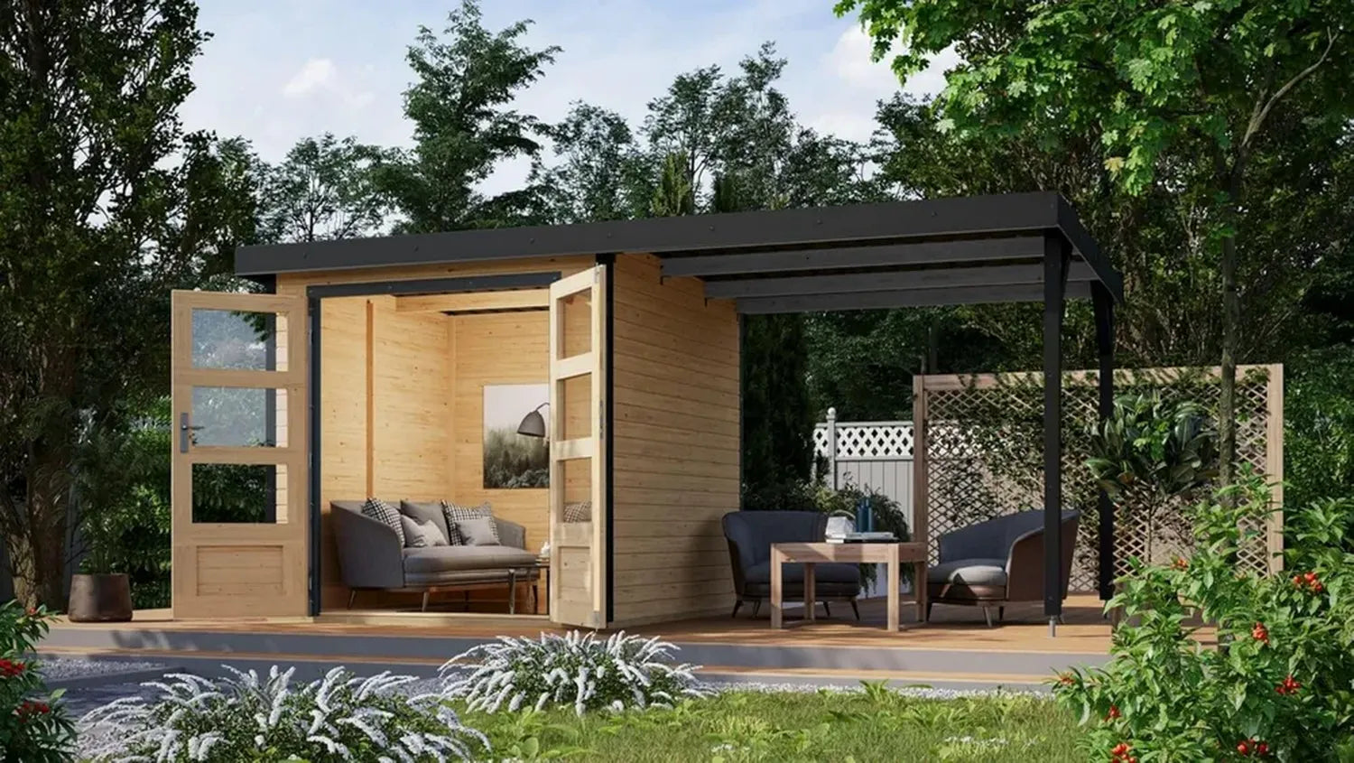 Geräumiges Hybrid-Gartenhaus Hollywood mit Boden und optionalem Anbau