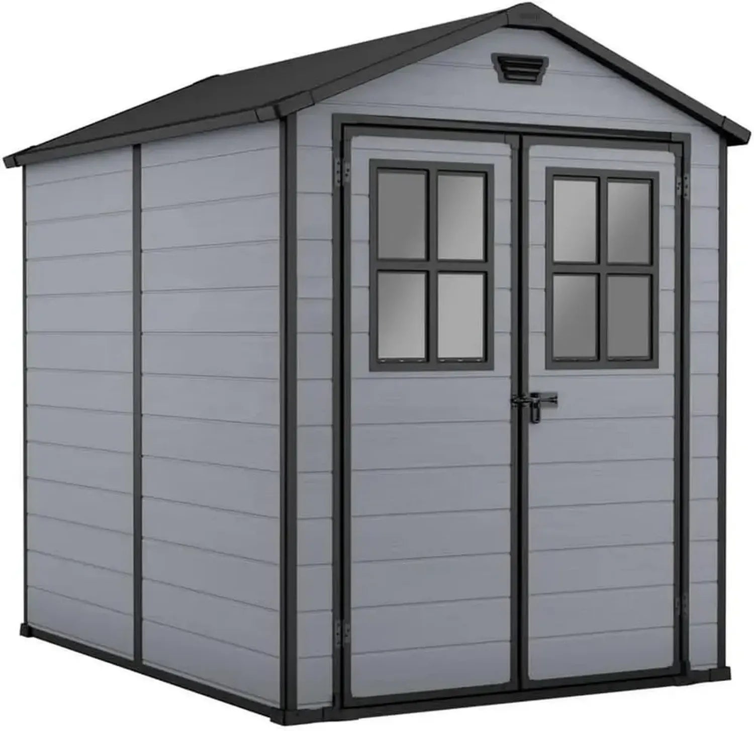 Keter Lineus 6x8 Gartenschuppen mit Fenster in der Tür, wetterbeständig aus Evotech, grauschwarz, 185,8 x 236,8 x 227 cm