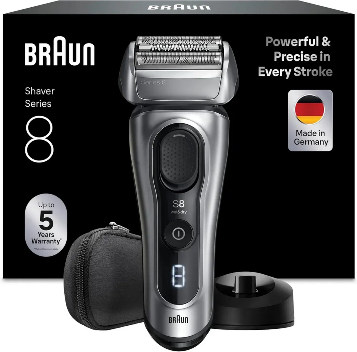 Braun Series 8 Elektrischer Rasierer für Männer, Präzisionskopf mit Trimmer, SensoAdapt für alle Bartdichten, 60 Min. Akkulaufzeit, Ladehalterung, Nass- und Trockenanwendung, Modell 8617s, Silber