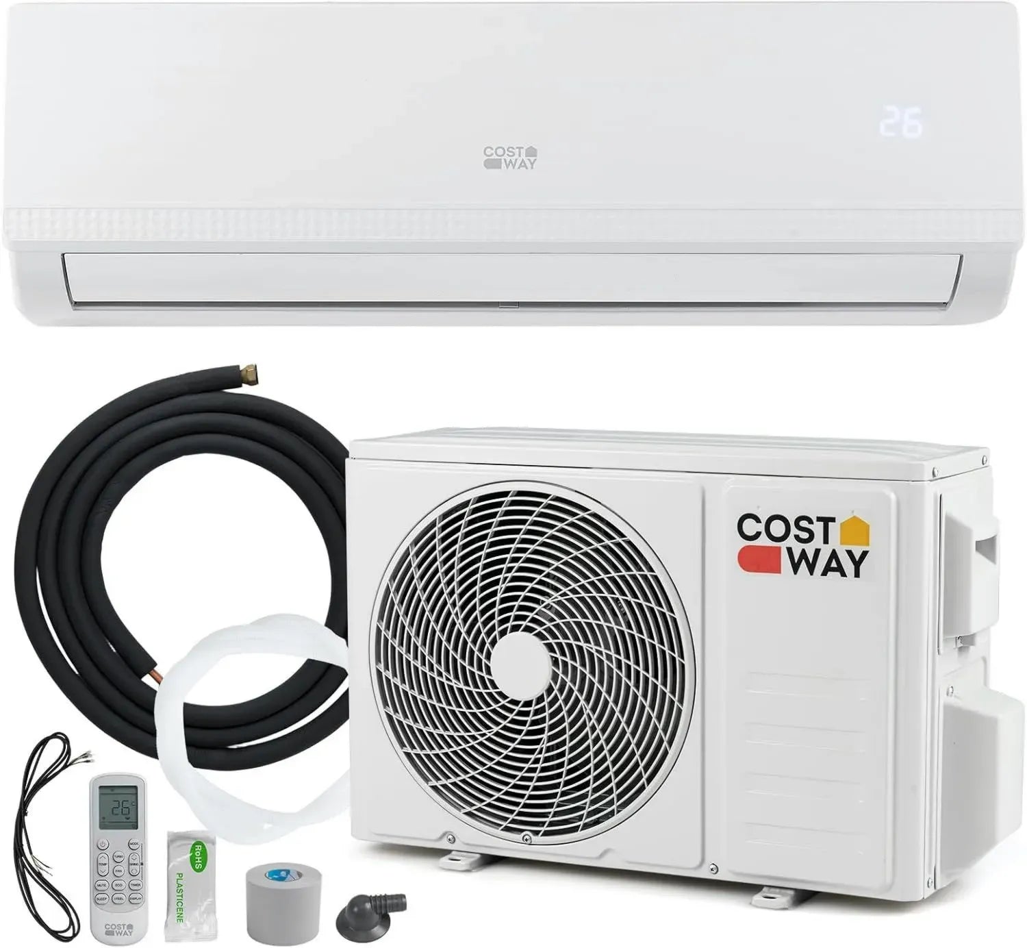 COSTWAY Split-Klimaanlage 9000 BTU mit Heizfunktion, 2,6 kW, leises Wandgerät inkl. Kupferleitung und R32 Kältemittel, ideal für Räume bis 42m³
