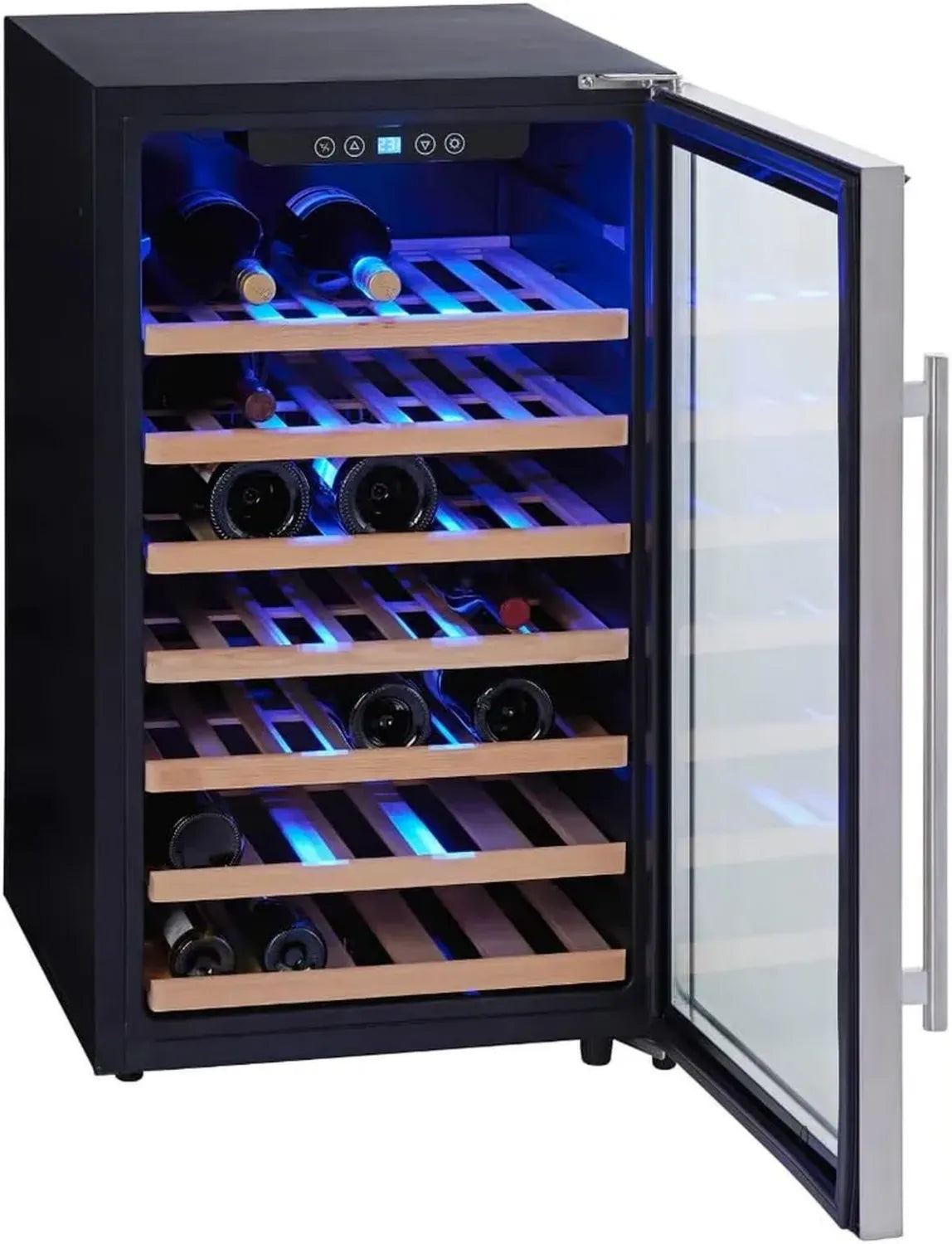 PKM Weinkühlschrank, 52 Flaschen Kapazität, 5-18 °C, Holzregale, LED-Beleuchtung, Soft-Touch-Display, Schwarz